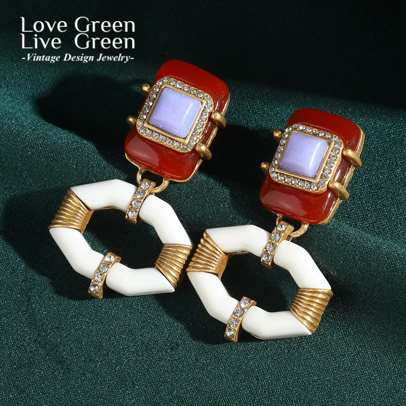 

Vintage Square Statement Earrings Pink Gold Color Hollow Hexagonal Kiss Purple Natural Stone Quality Luxury Designer Trend 2025