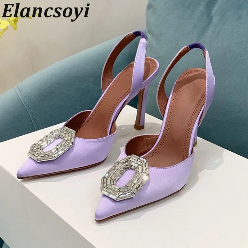 Pointed Toe High Heel Pumps Women Silk Satin Shiny Rhinestone Decor Slingback Back Strap Sandals Spring Summer Party Dress Shoes