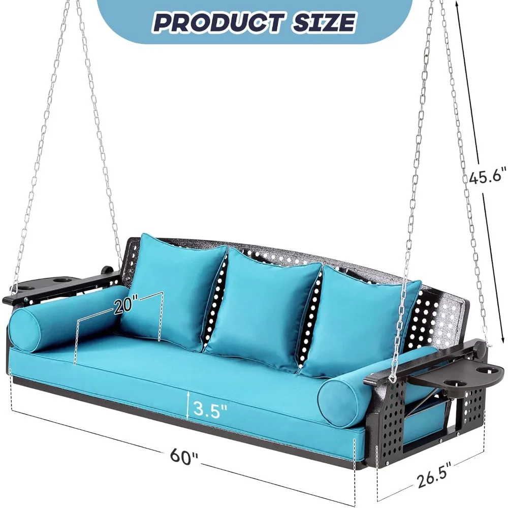 3 Seat Porch Swing, Patio Swing Bench with Cup Holders & 3 Back Cushions, Swing Chair with Chains for Deck Garden Backyard