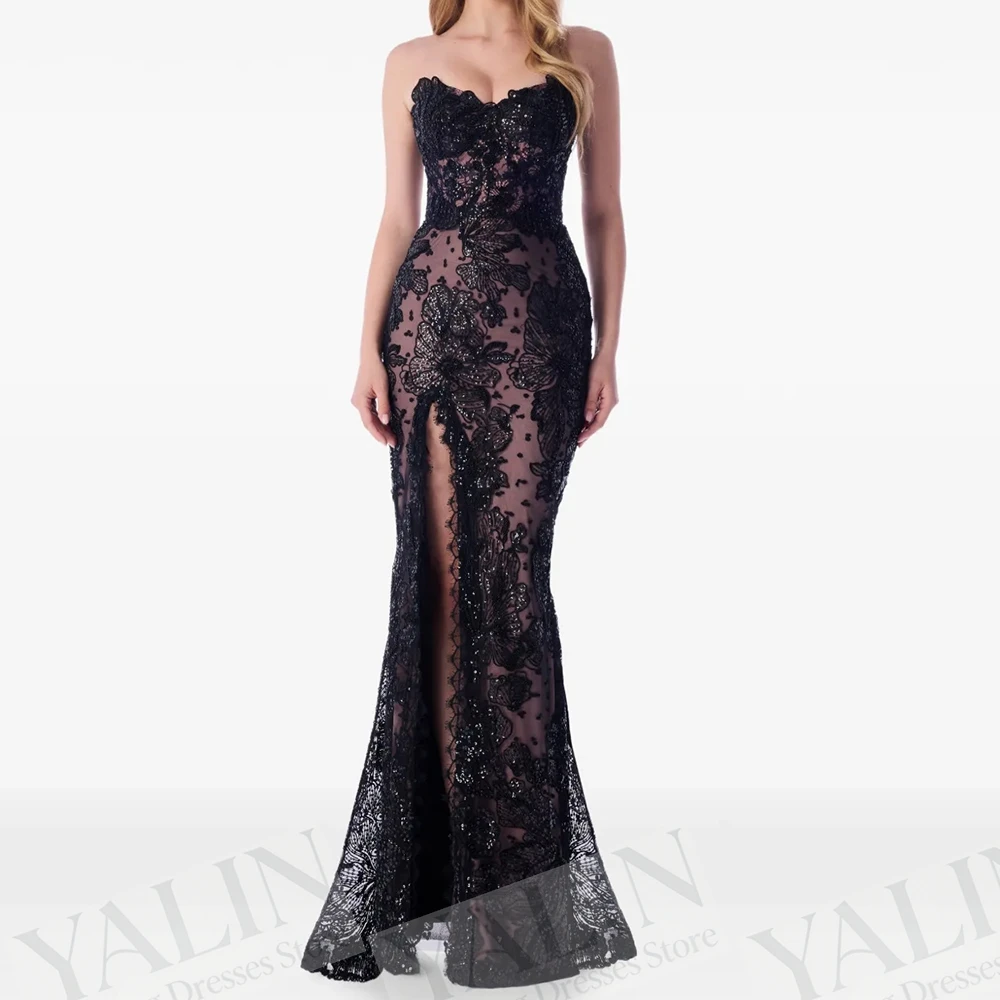 

Women's A-line Evening Dresses Floor-length Strapless Sleeveless Prom Gown Fashion Lace Sequined Side-split Customized Gowns