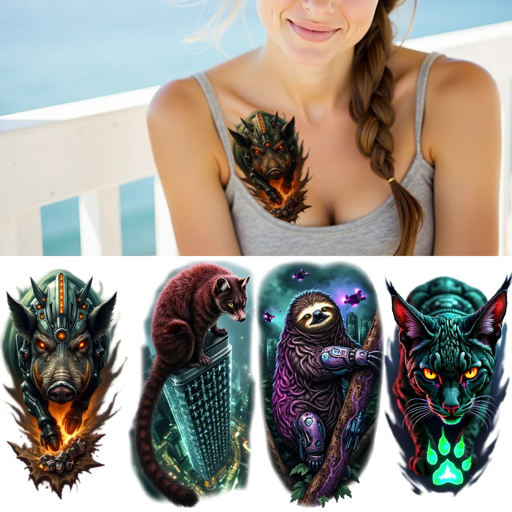

3 шт., временная татуировка, красочный реализм, кибер-волк, скун, неоновая кошка для бедер, взрослых и мужчин