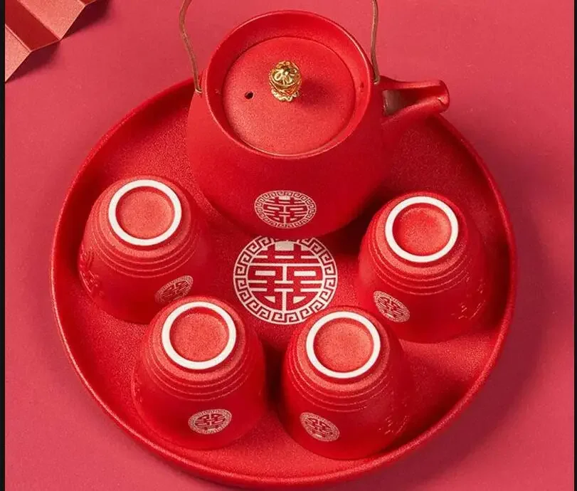 

Китайский традиционный красный свадебный чайник, керамика, изысканный чайник и набор чашек, чайник для пор, роскошный подарок для невесты, жениха