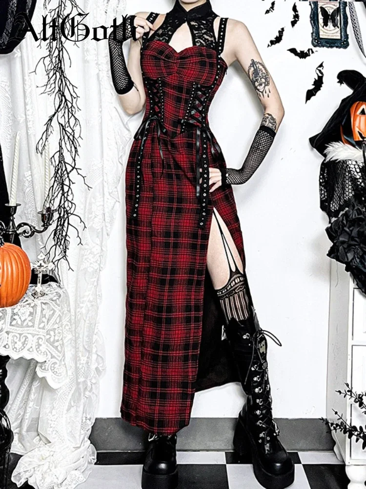 AltGoth Mall Goth Harajuku Red Plaid Dress Women Streetwear Vintage Y2k E-girl Lace Patchwork High Waist Bandage Corset Dresses