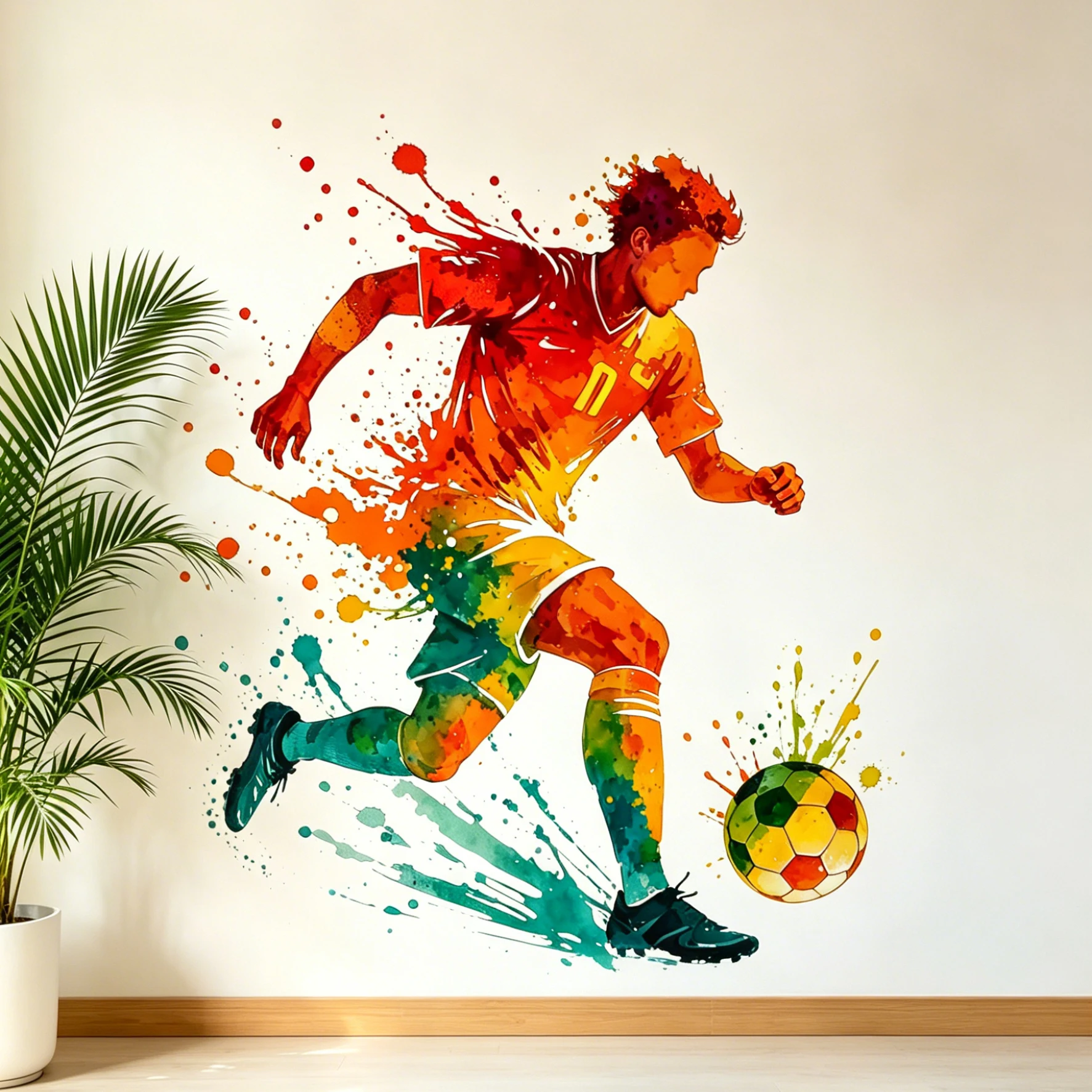Watercolor Soccer Player Wall Stickers Color Splash Football Athlete Wall Decals Removable Boys Bedroom Sports Room Decor