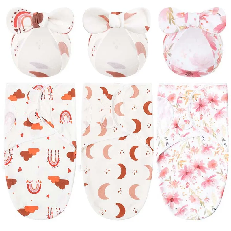 Newborn Swaddle Hat Set Cotton Anti Startle Baby Wrap Bow Knot Beanie Adjustable Infant Receiving Blanket Baby Bedding Item 2pcs