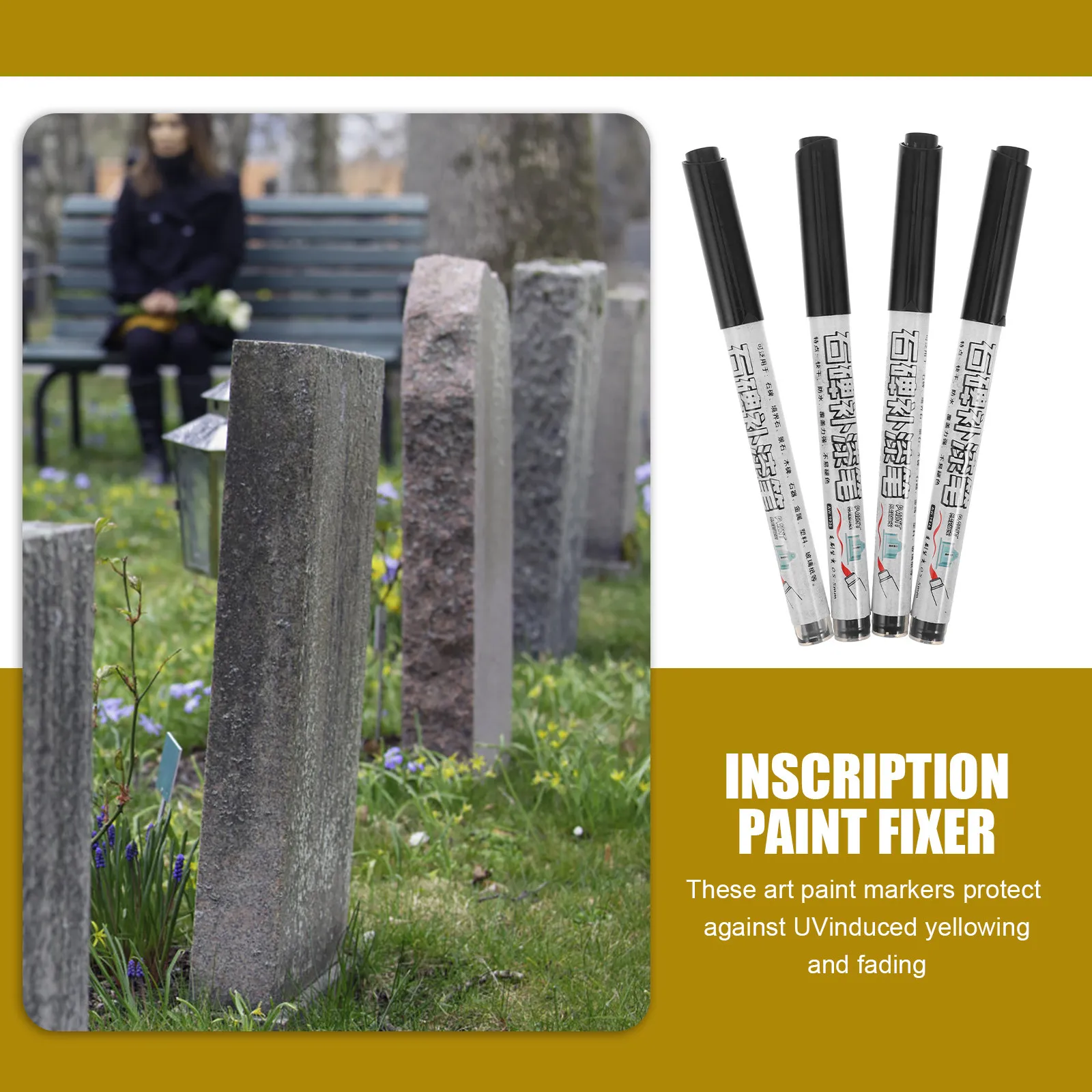 4pcs Gold Oil Based Tombstone Repair Marker, Quick Dry Waterproof Pen for Headstone Lettering, Cemetery Memorial Grave Rock