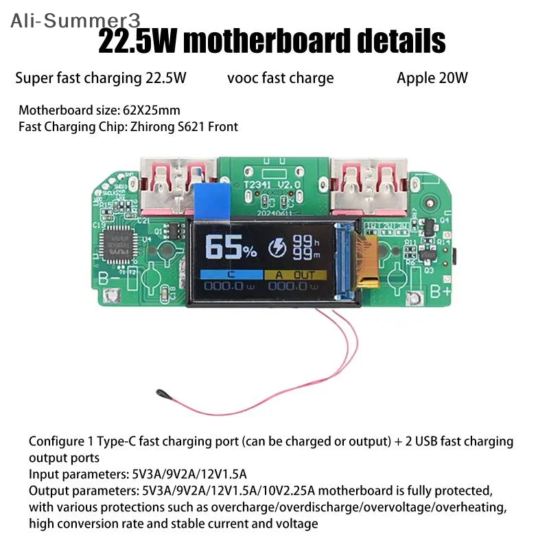 1Pcs Bidirectional Fast Charger Buck Converter Mobile Power Module DIY Power Motherboard With Display Type-c USB 22.5W