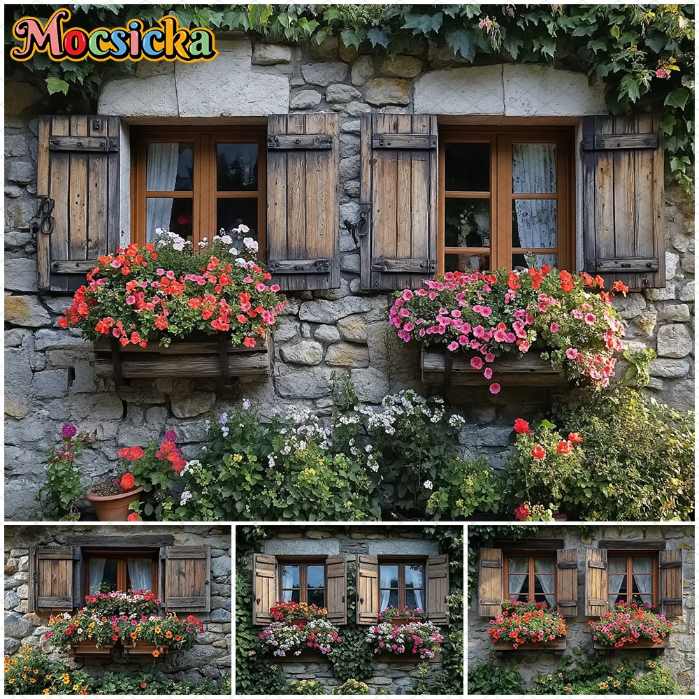 

Mocsicka Spring Photography Background Easter Stone House Flower Window View Picture Birthday Party Photo Backdrop Studio Banner