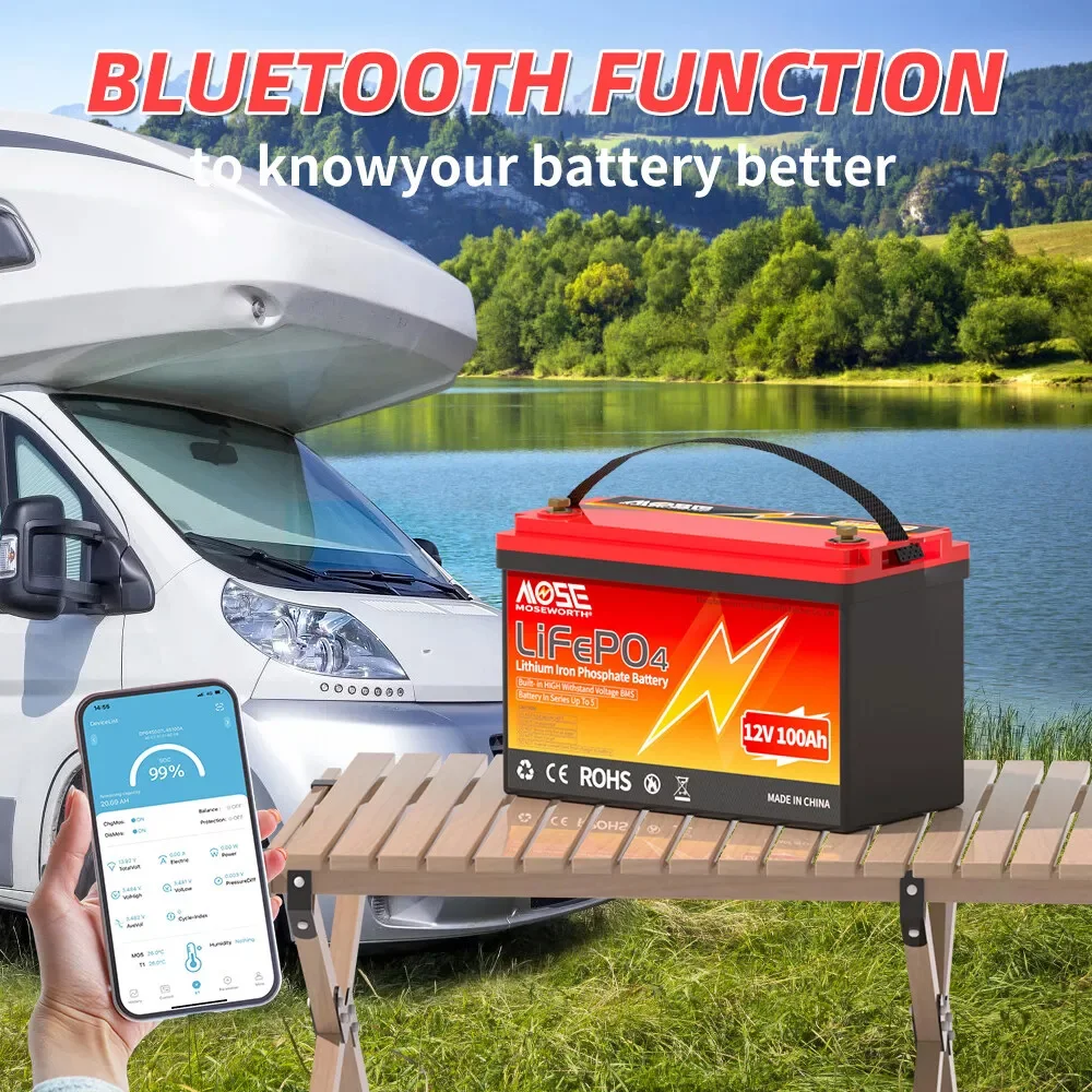 LiFePO4 Battery 12V 100Ah 12.8V Lithium Bluetooth BMS 6000+ Cycles Grade A Rechargeable Batteries Bateria For RV Boat EU No Tax