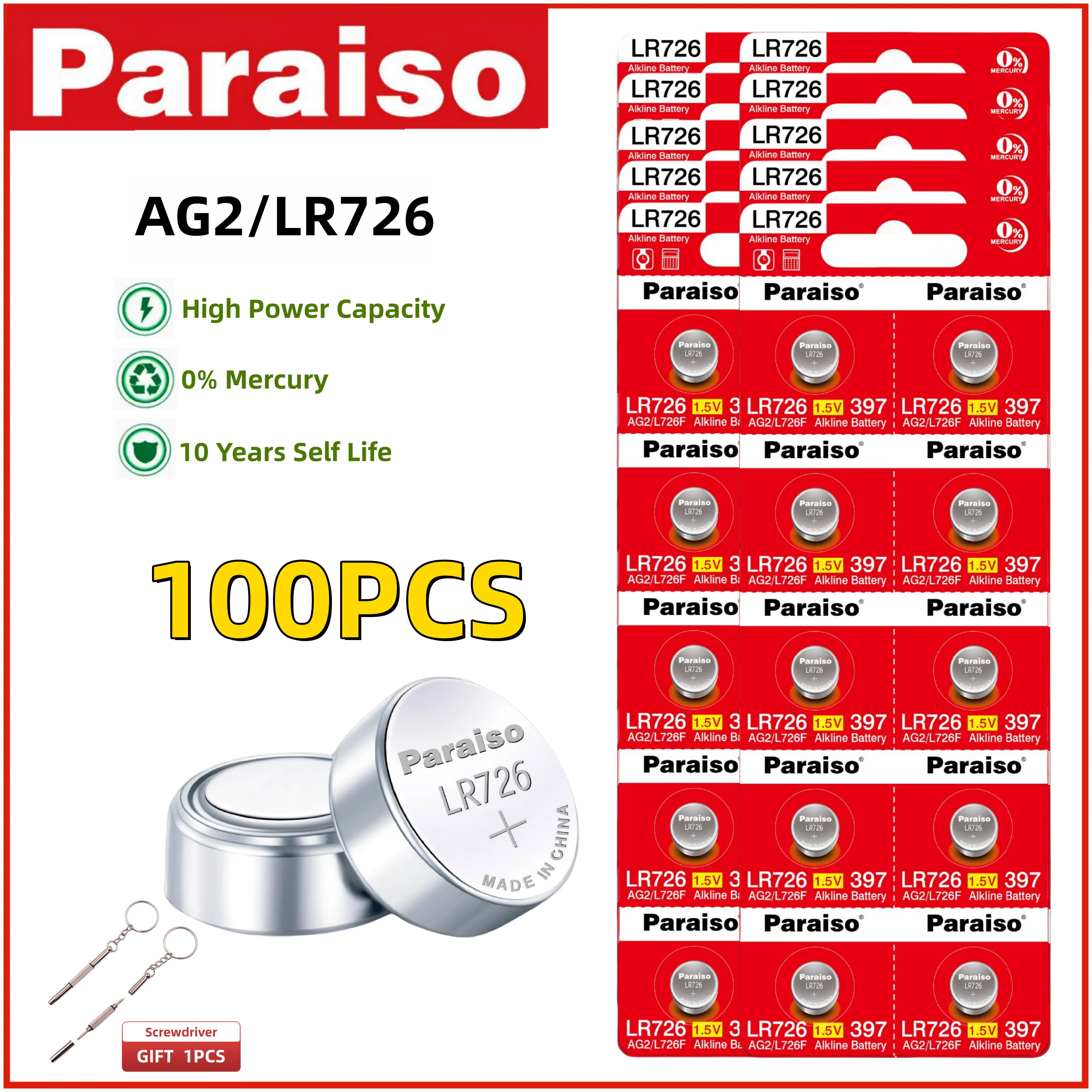 

Paraiso 4-100pcs Alkaline Battery AG2 LR726 SR726SW 10 Years Shelf Life 0% Mercury Silver Oxide 1.5V Button Cell Watch Batteries