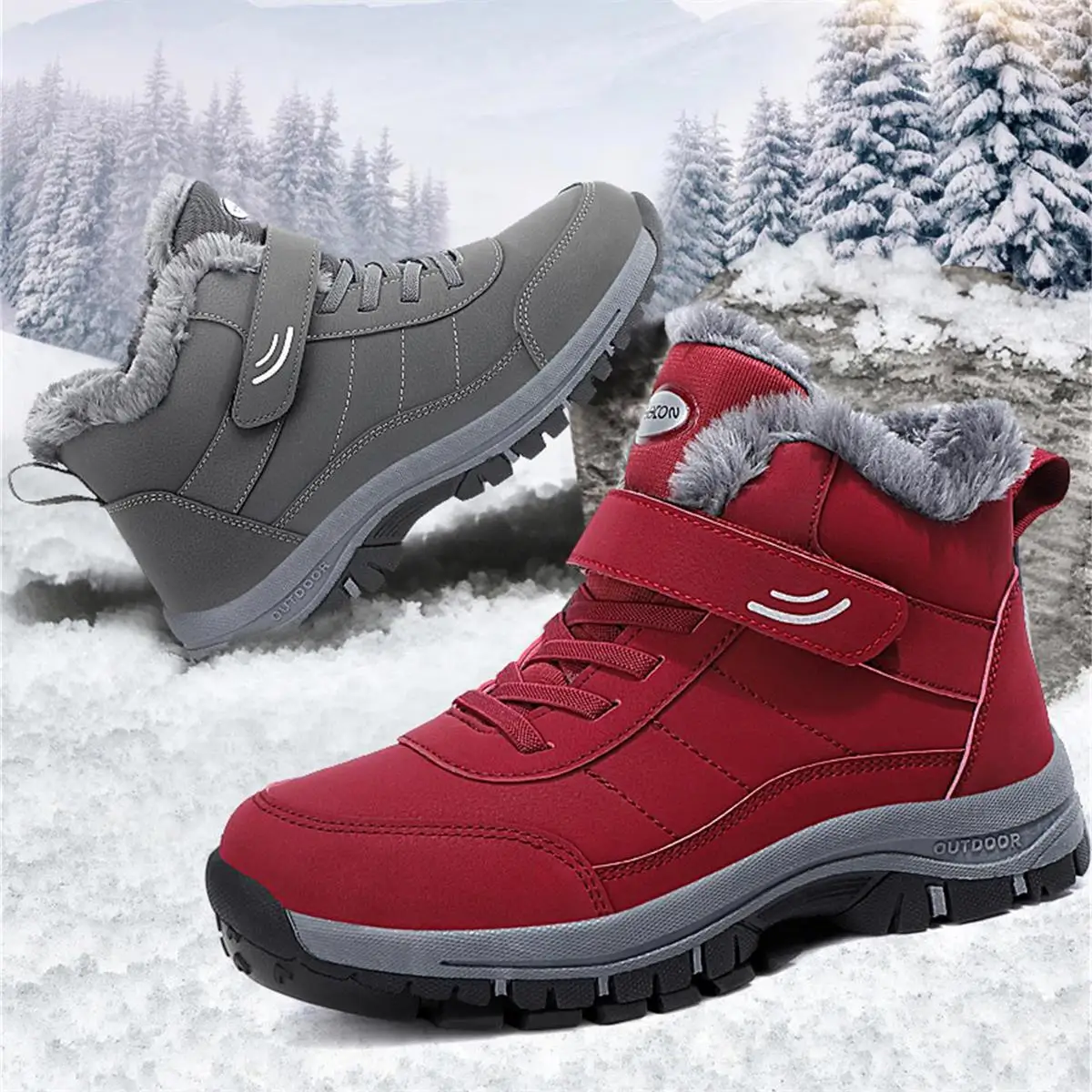 Unisex Outdoor Sports Rotating Buckle Mountain Boots Winter Outdoor Couple Fleece Lined High Top Warm Cold Resistant Boots