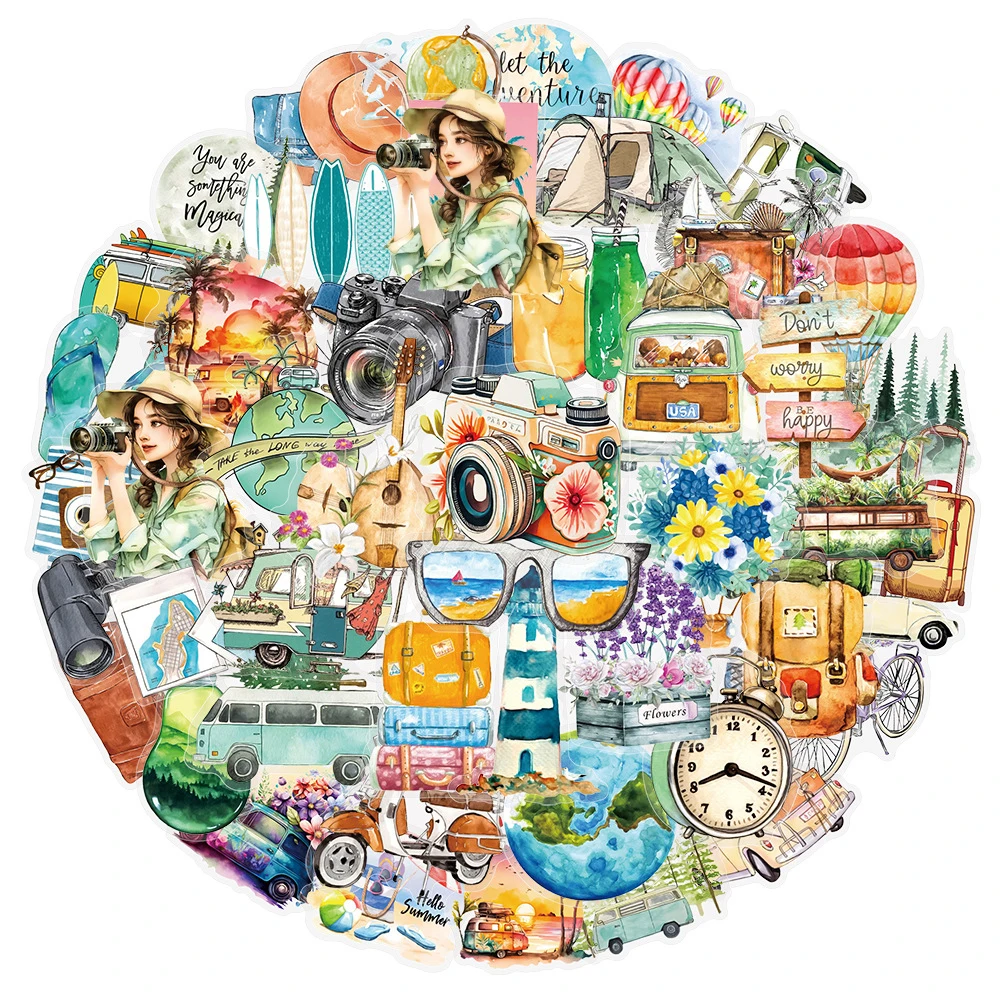 

10/30/50pcs Outdoor Travel Camping Stickers Cartoon Fresh Aesthetic Sticker Scrapbook Suitcase Phone Graffiti Decals Decoration
