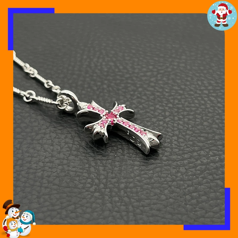 Premium White Gold Full Diamond Cross Necklace Men's and Women's Colored Diamond Pendant Twist Chain Classic Sweater Chain Gift