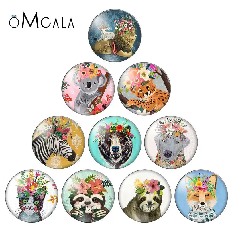 Art Painting Flower Animals Cat lion Dog Bear 12mm/18mm/20mm/25mm Round photo glass cabochon demo flat back Making findings