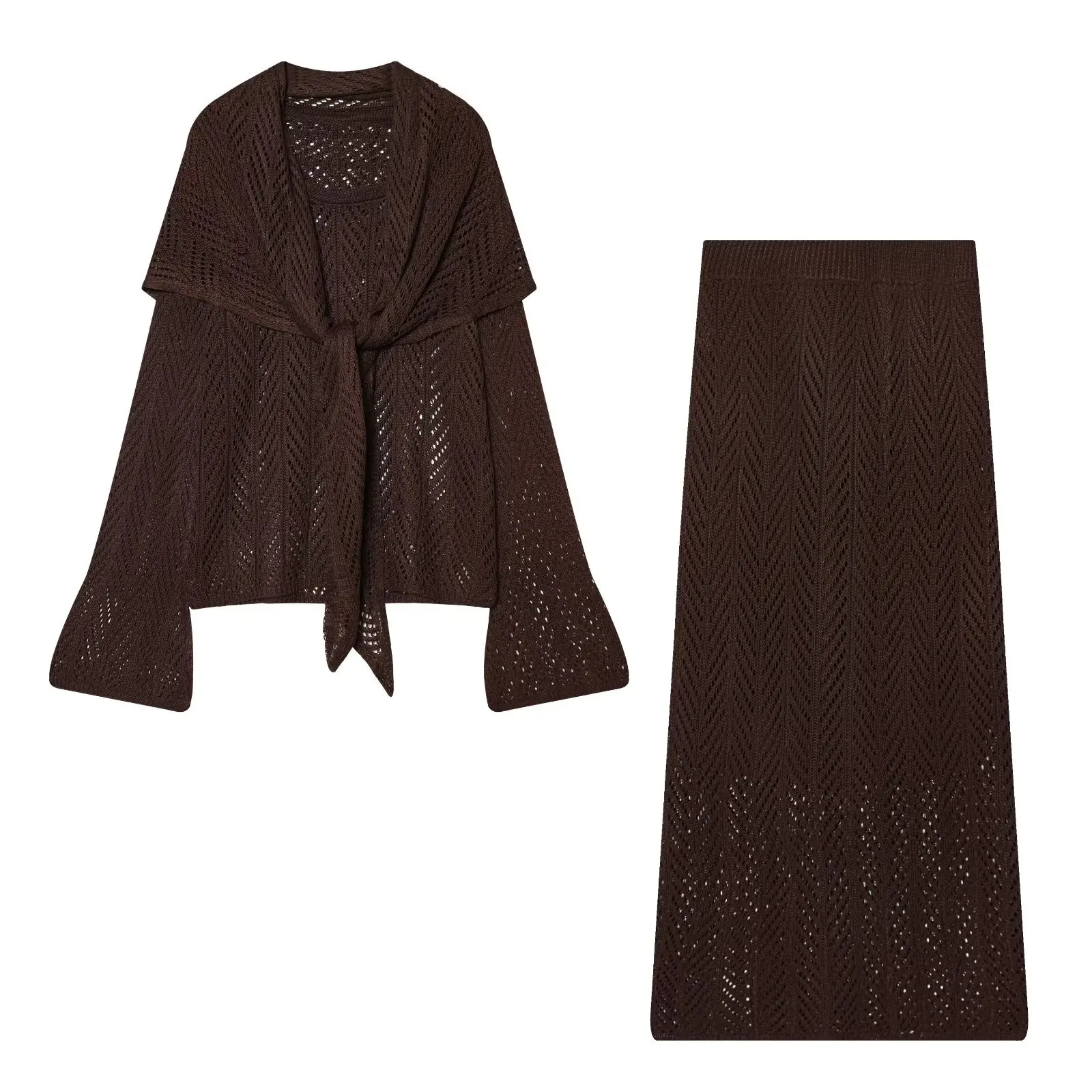 

SuperAen Women's 2026 Summer New European Style Knitted Solid Color Lace Sleeveless Tops Shawl Skirts Sets