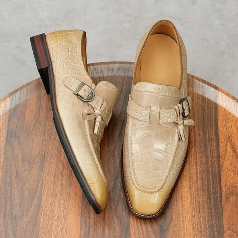 New Slip-on Business Casual Shoes Man Buckle Shoes Spring Summer Tassel Loafers Leather Shoes For Men Square-toe Dress Shoes