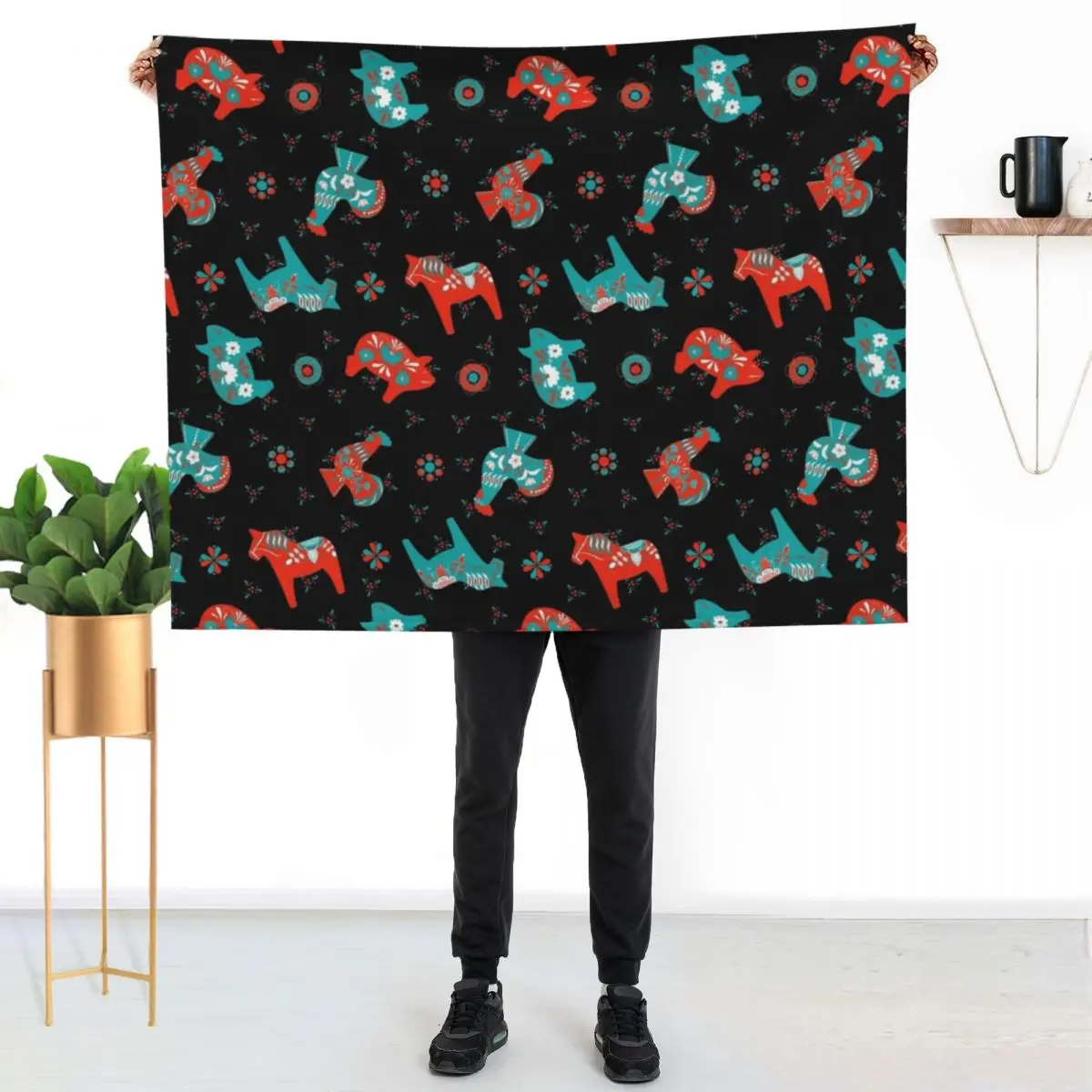 

Black Red Turquoise- Folk Art - Swedish Dala Throw Blanket Air Conditioner Soft Blanket for Office Home