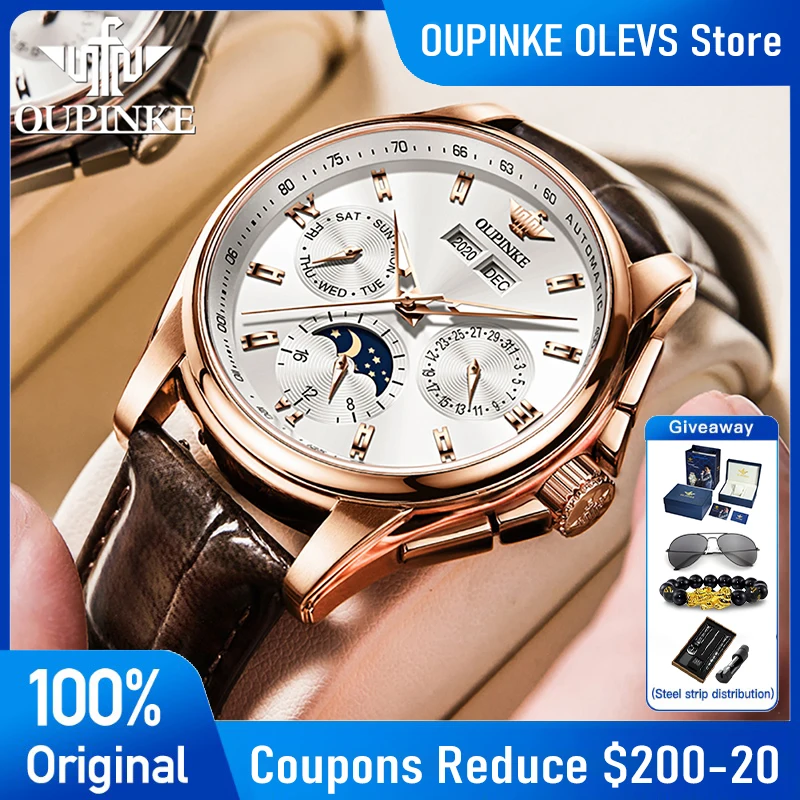 OUPINKE 3189 High Quality Mens Watch Luxury Automatic Mechanical Watch 50M Waterproof Moon Phase Calendar Week Watch Gifts Box