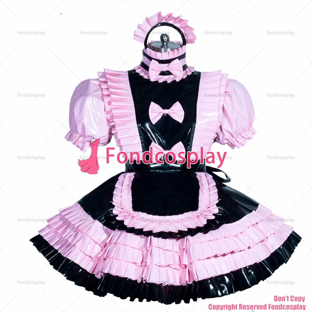 fondcosplay adult sexy cross dressing sissy maid short pink black French heavy PVC lockable dress Uniform CD/TV[G3943]