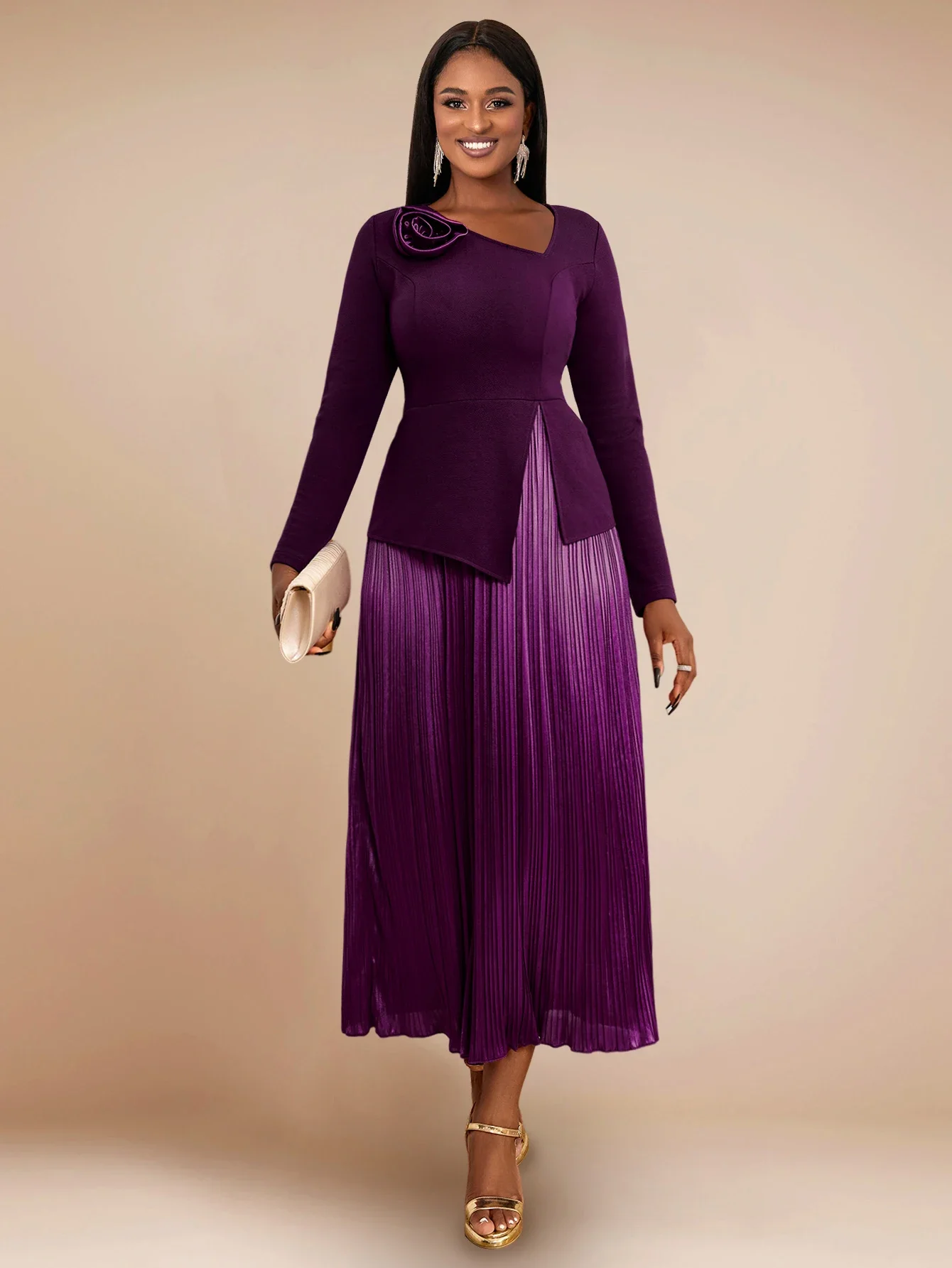 Purple Pleated Dresses for Women Slant Neck Long Sleeve Appliques High Waist A Line Drapped Casual Evening Ankle Length Gowns