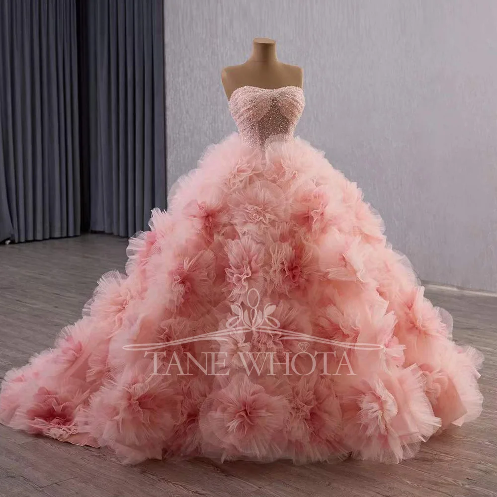 Strapless Pink Quinceañeras Prom Gown Lace Up Back Sequined 3D Flower Crystal Vestidos De 15
