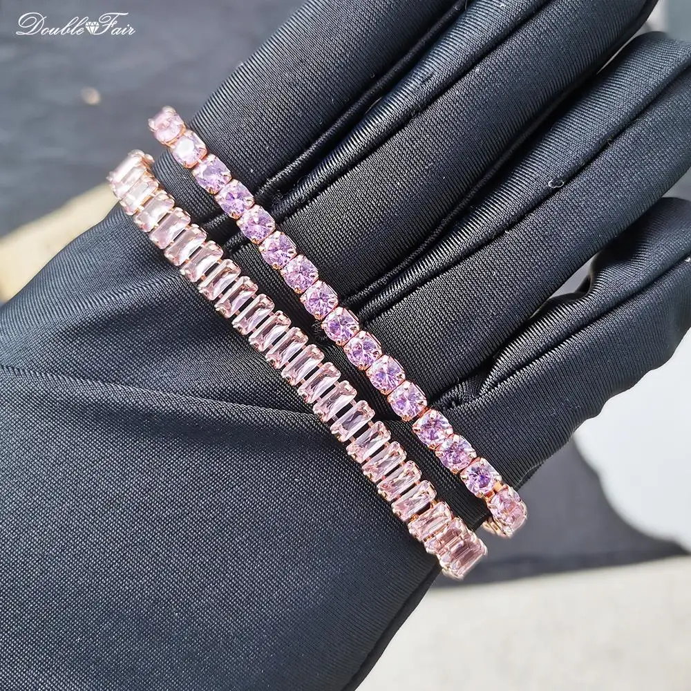 Romantic Pink Crystal Tennis Bracelets for Female Women Trend Shiny Zirconia Adjustable Folding Buckle Chain on Hand Jewelry