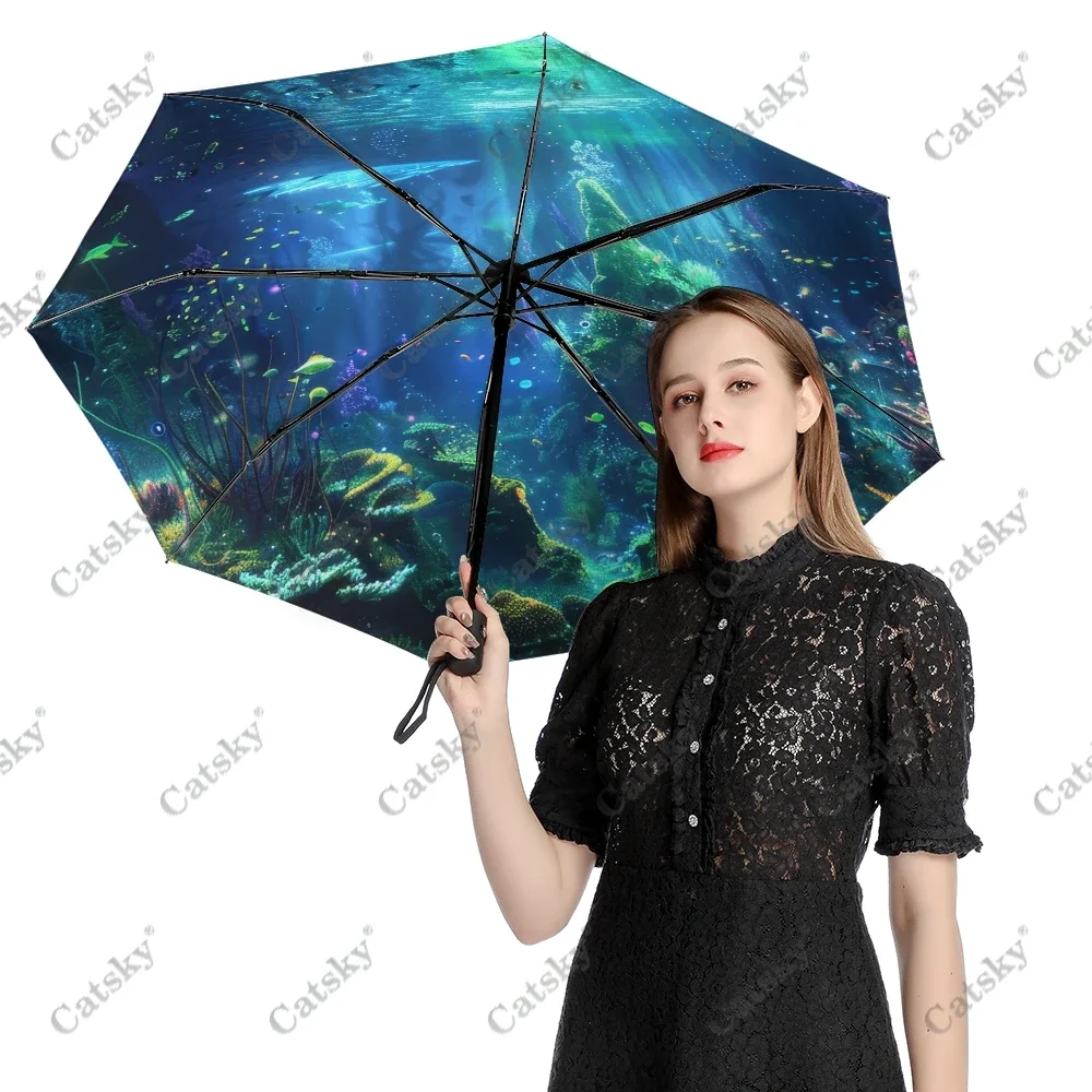 Underwater Marine Life Umbrella Rain Women 3-Folding Fully Automatic Umbrellas Sun-Protection Outdoor Travel Tool Parapluie