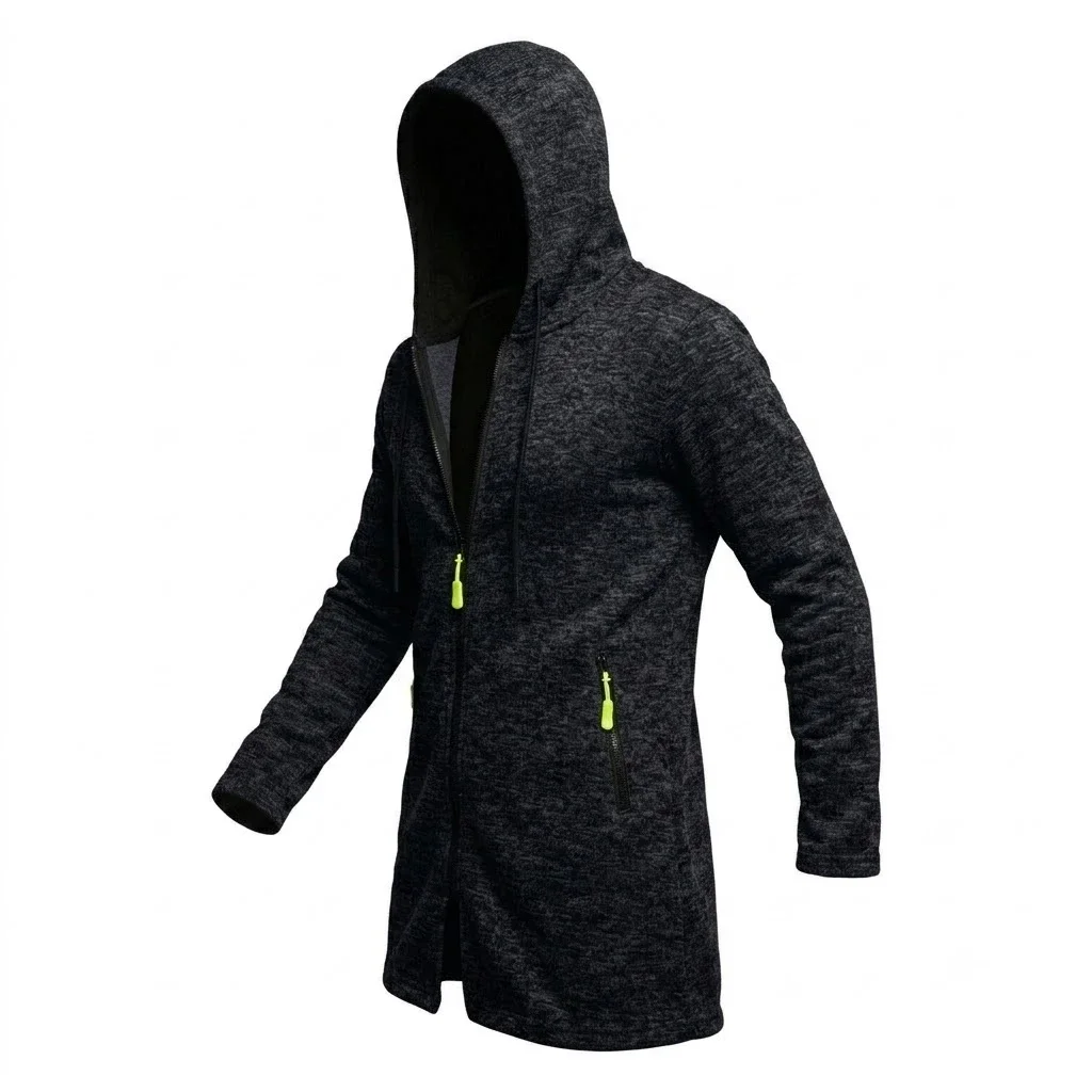 Neue Herren-Kapuzenjacke mit Reißverschluss, thermisch, winddicht, lässiger Fleece-Sweatshirt, Reißverschlusstaschen, langer Mantel für Outdoor-Aktivitäten, mit Kapuze – Detail 4