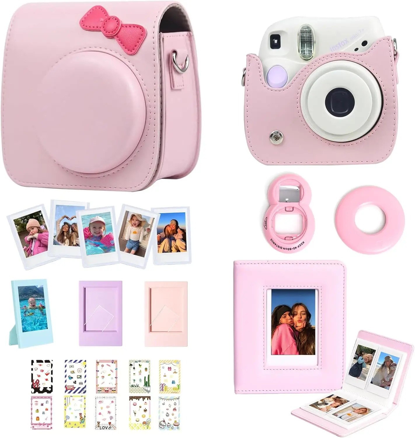 

Fujifilm Instax Mini SE/7+ Case & Film Album Bundle with DIY Stickers, Selfie Mirror, PU Leather Bag - Pink Bow