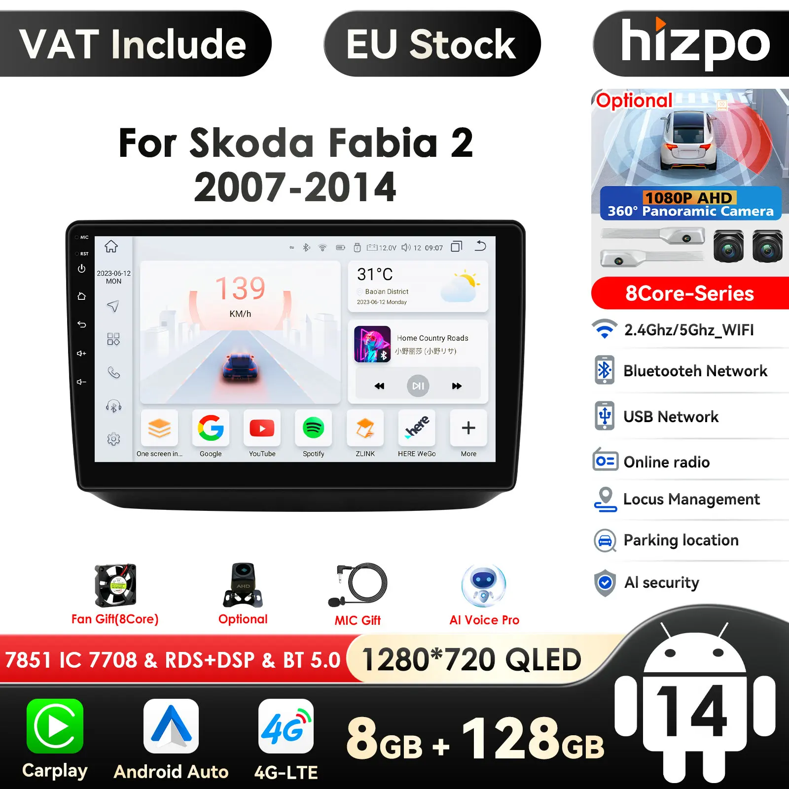 9inch by Qualcomm Snapdragon Wireless CarPlay Android Auto Car Radio for Skoda Fabia 2 2007 - 2014 GPS Multimedia Player Stereo