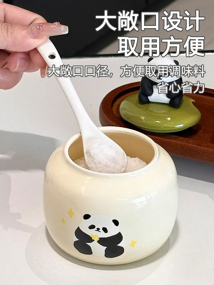 Cute Panda Ceramic Seasoning Jar Set, Spice Container with Lid & Spoon, Kitchen Condiment Pot Home Decor Gift