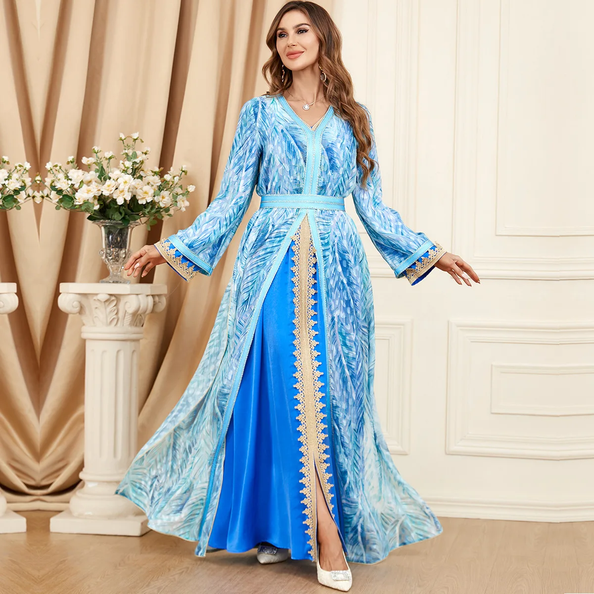 

Moroccan Dress Kaftan 2 Piece Abaya Set Evening Robe Printing Full Sleeve V-Neck Islamic Caftan Ramadan Muslim Clothing