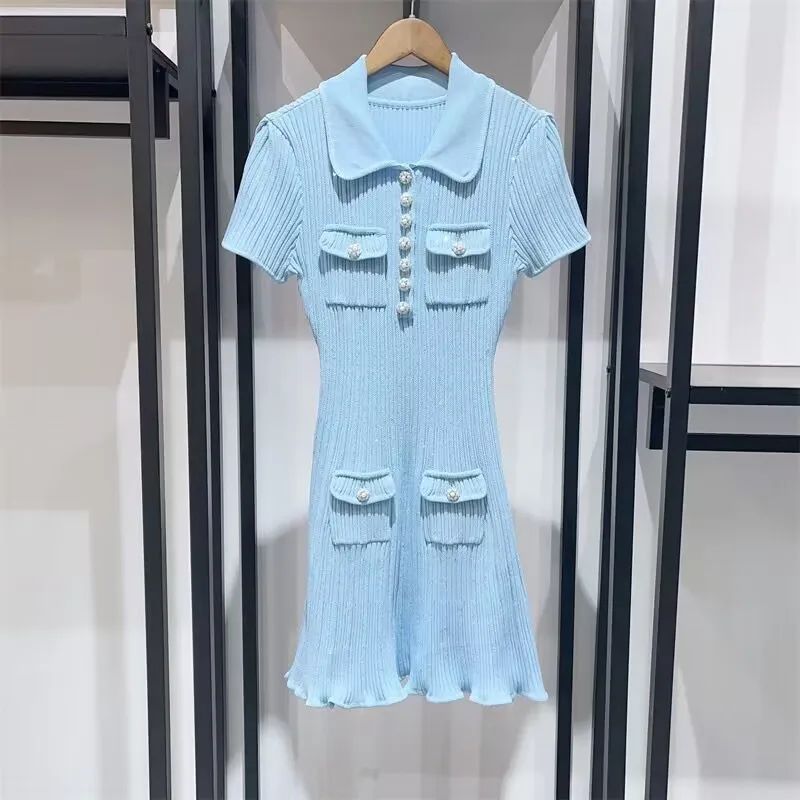2024 primavera nueva llegada de punto mujeres lentejuelas Mini vestido de manga corta Turn Down Collor volantes dobladillo vestido de señora