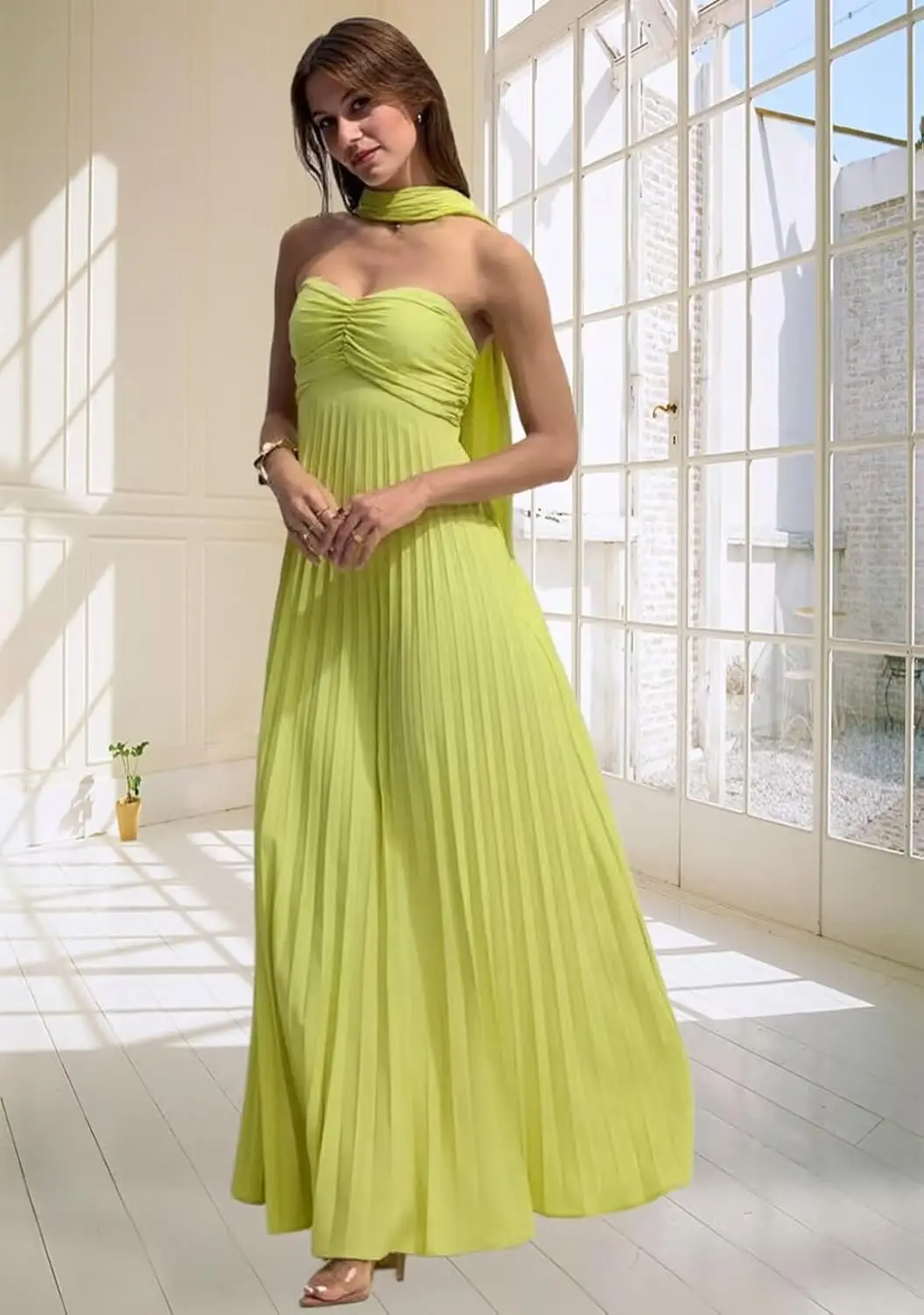 ชุดเพื่อนเจ้าสาวผ้าชีฟองยาวทรงพลีทพร้อมผ้าพันคอ ทรงเอไลน์ สายเดี่ยว ชุดราตรีสำหรับแขกในงานแต่งงาน ชุดราตรีงานเลี้ยง ชุดออกงานพรอม