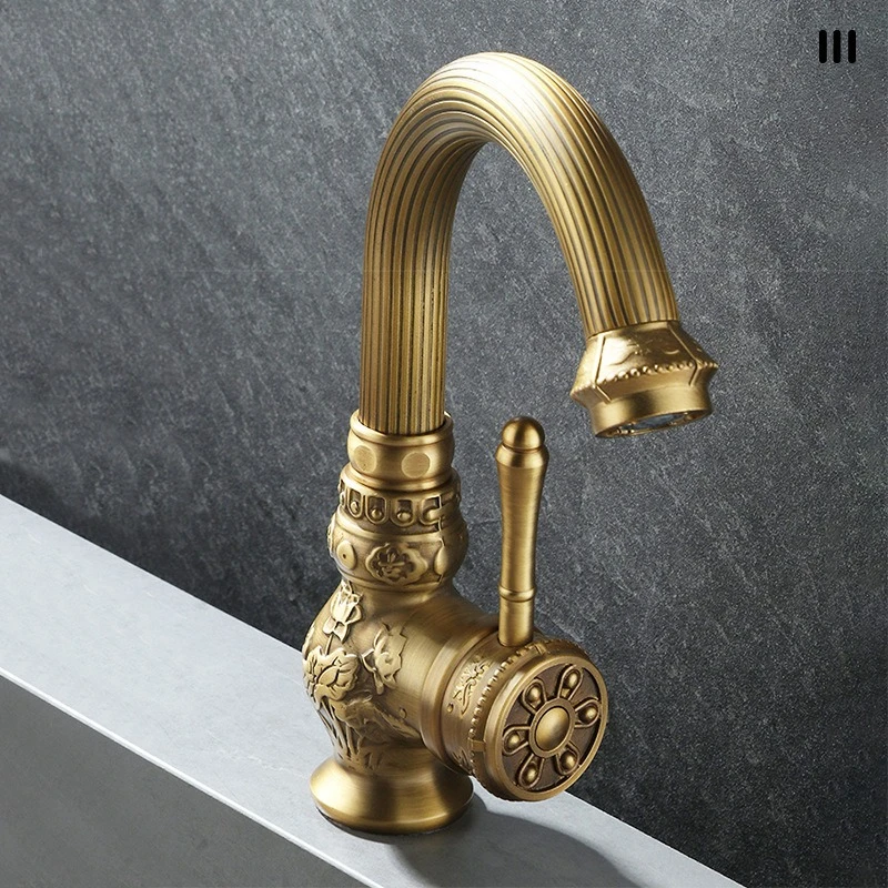 Ancient-style engraved copper body hot and cold rotating basin faucet