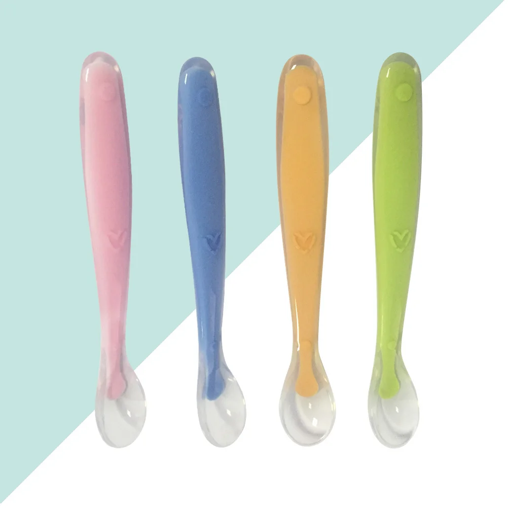 طقم ملاعق تغذية للأطفال مكون من 4 قطع بتصميم ضحل آمن للرضع بمقبض مريح باللون الوردي والأخضر #3