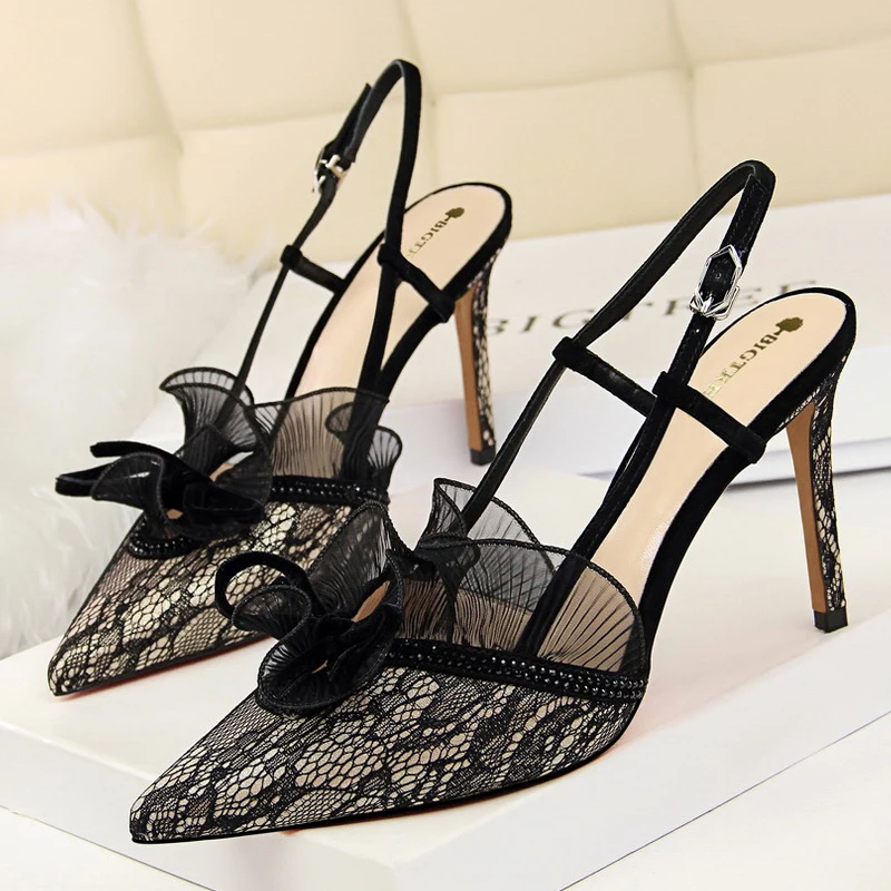 

2026 Fashion Women Sandals Mesh Lace Sexy High Heels 9 Cm Women Pumps Stilettos Summer Heeled Sandals Plus Size 42 43