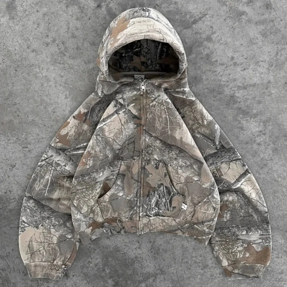 

Hoodie Y2K Retro zip up Camouflage Pattern zipper Sweatshirt High Street Hip Hop Streetwear Oversized Unisex Camo Hoodie