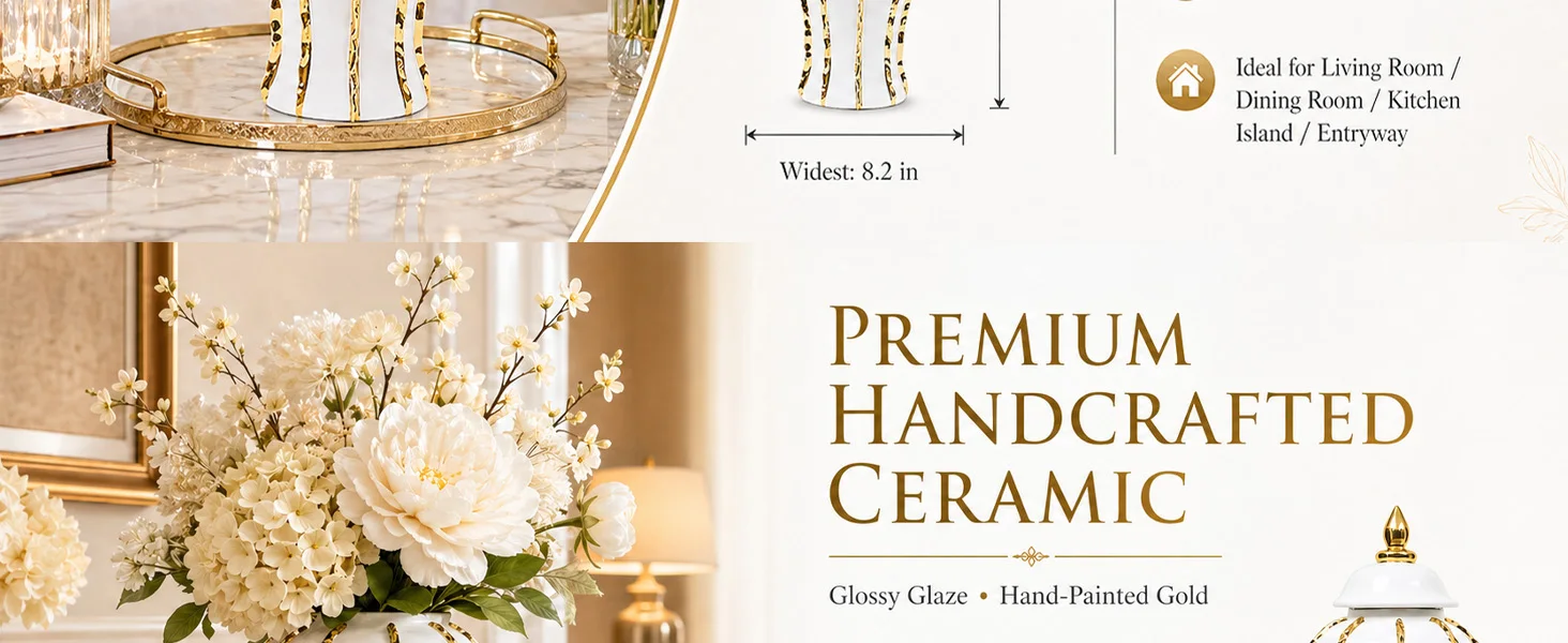 white and gold vase