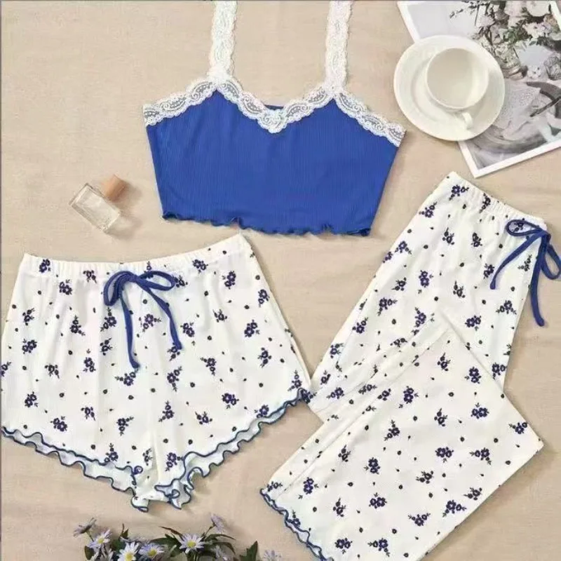 Red Lace Trim Camisole And Floral Print Pants Shorts Three Piece Erotic Pajama Set Sexy Loungewear For Women