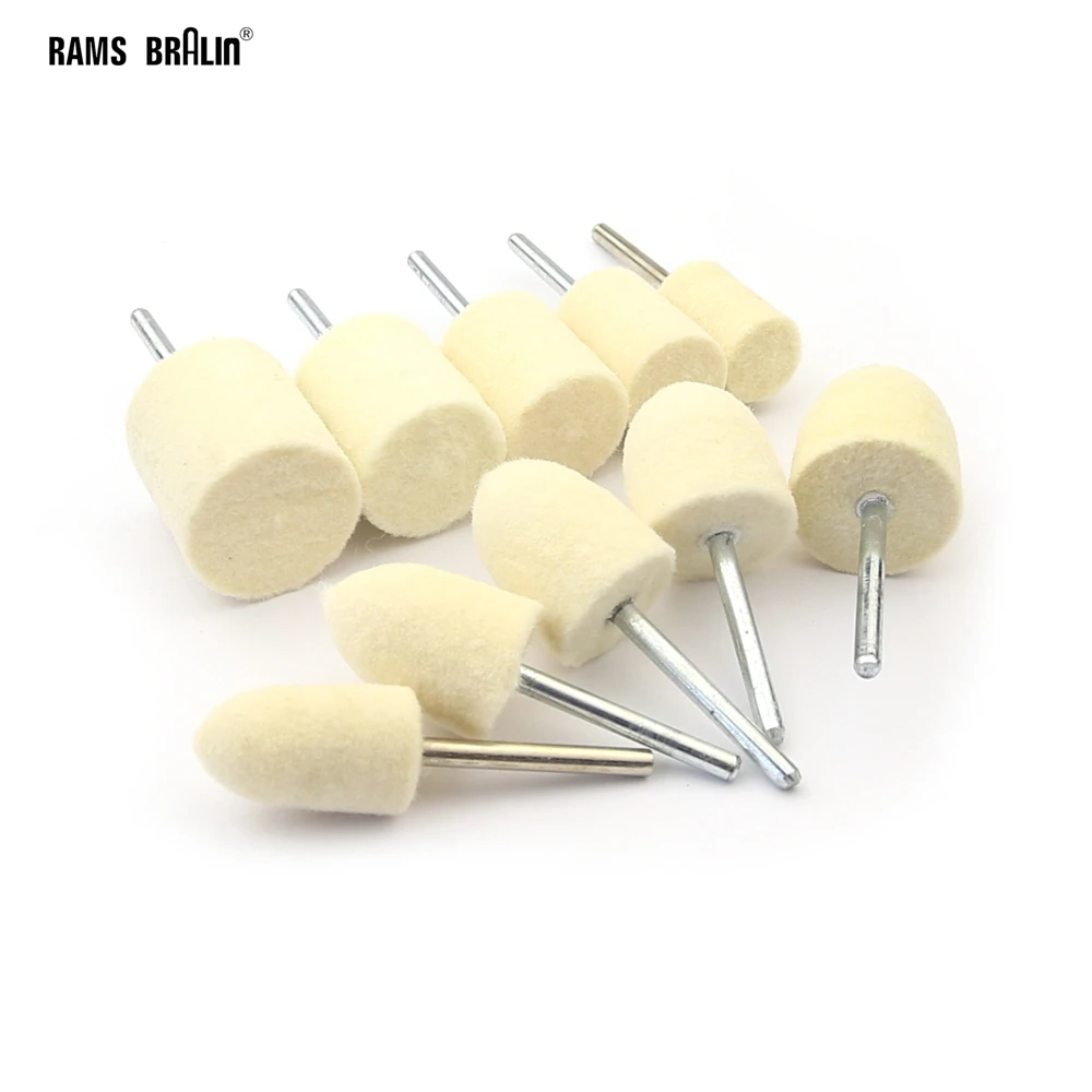 10 Buah OD 12-20Mm Wool Felt Bobs 3Mm Shaft Mounted Point Metal Plastic Mold Fine Polish