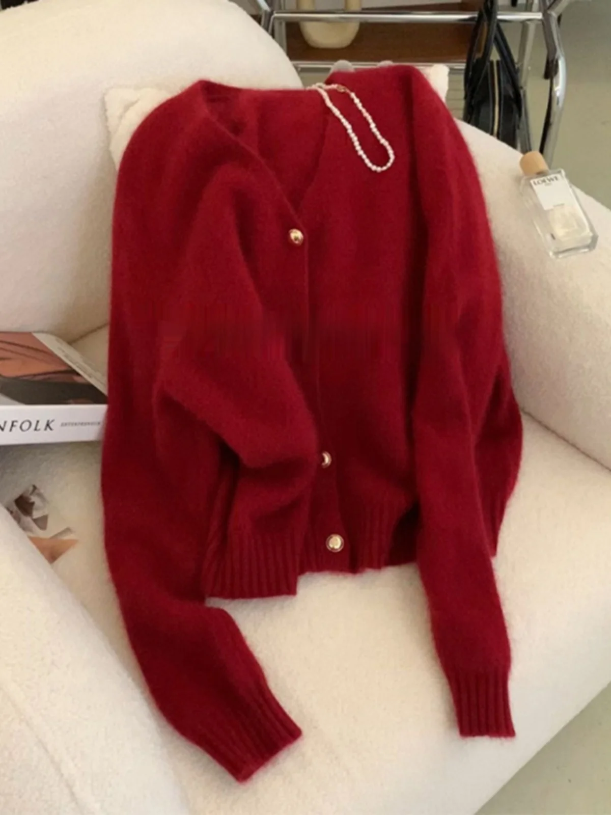 Retro Angola Red V-neck Raccoon Velvet Sweater Cardigan Outerwear Women Autumn and Winter Lazy High-Grade Knitted Top