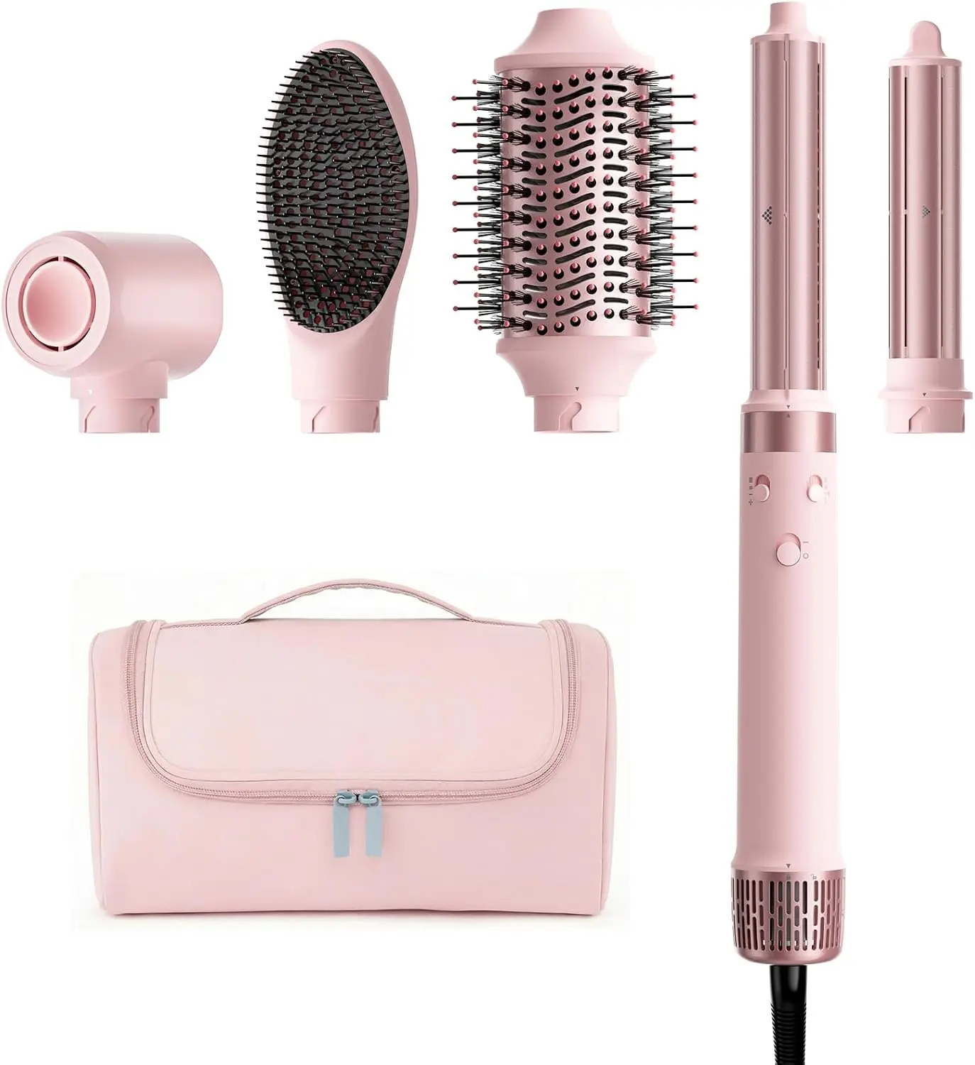 

5 in 1 Hot Air Styler Brush with Auto Wrap Curlers, Fast Drying, Straightening & Volumizing, Dual Voltage for Global Travel, Peach Pink