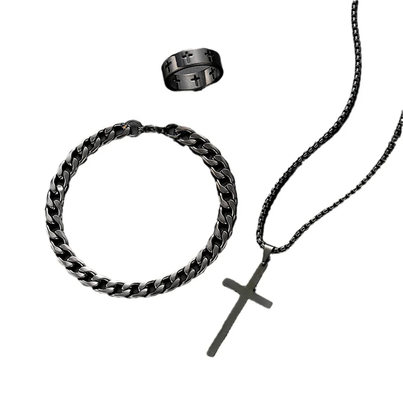 Black Titanium Steel Cross Pendant Necklace for Men Women Minimalist Male Female Chokers Box Chain Necklace Party Jewelry Set