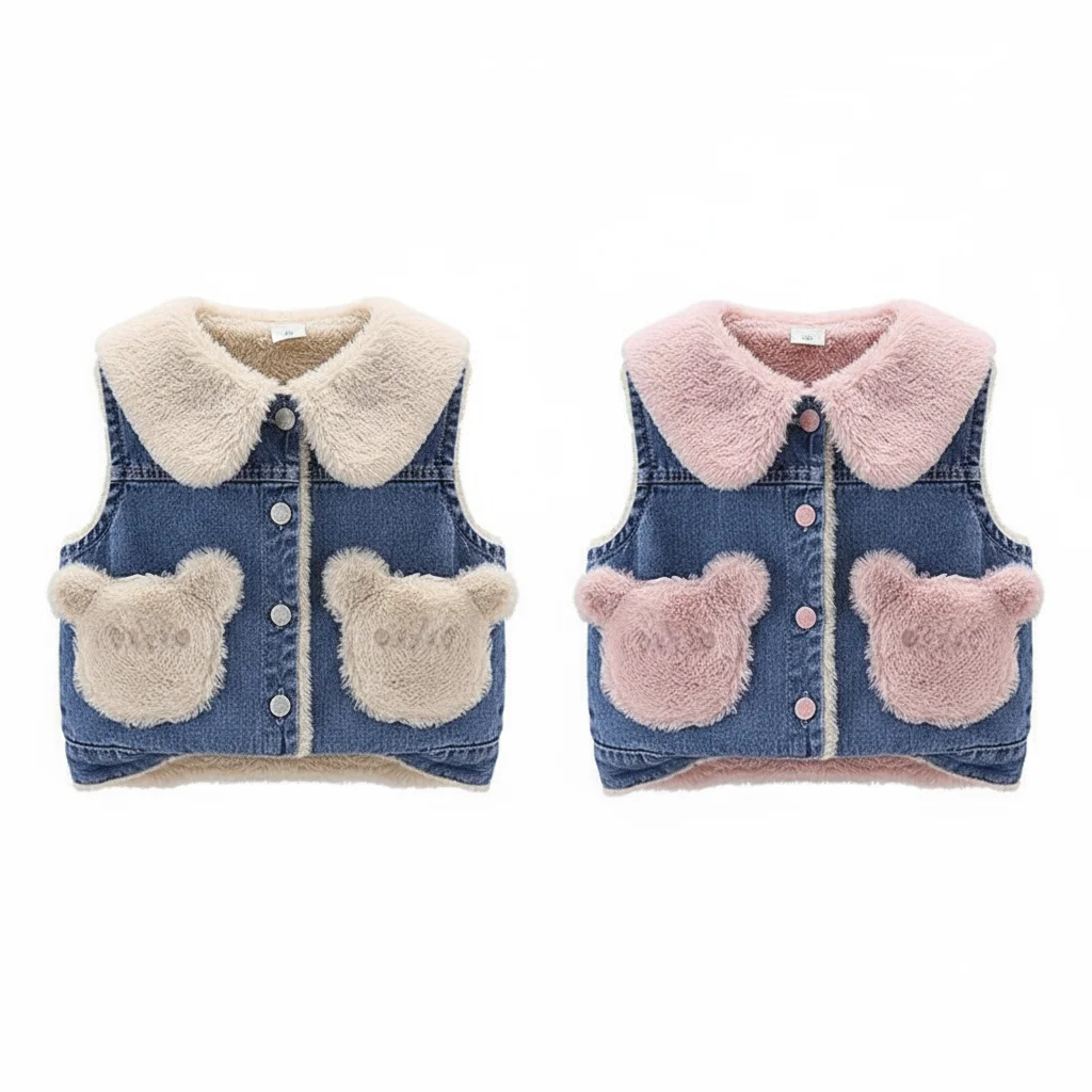 Autumn Winter Girl Boy Vest Fur Denim Jacket Baby Toddler Girls Clothes Fleece Coat Sleeveless Waistcoat Children Snow Outfit