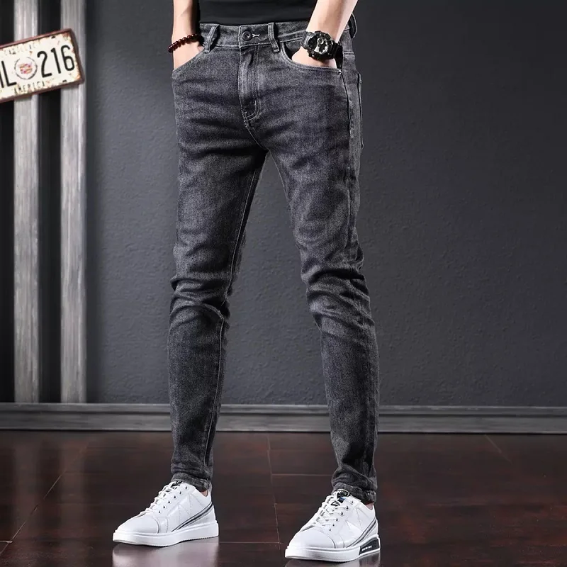 Autumn Casual Black Gray Jeans Men Slim Fit Pencil Pants Fashion Letter Printed Denim Trousers