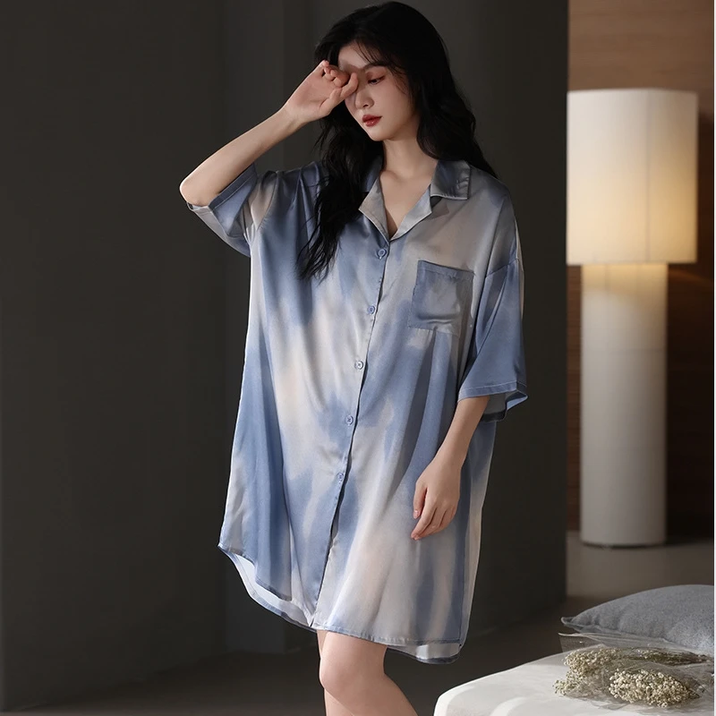 Women's Sleeping Skirt Summer Ice Silk Short sleeved Pajama Skirt Thin Medium Skirt Women's High end Simulation Silk Home Clothe