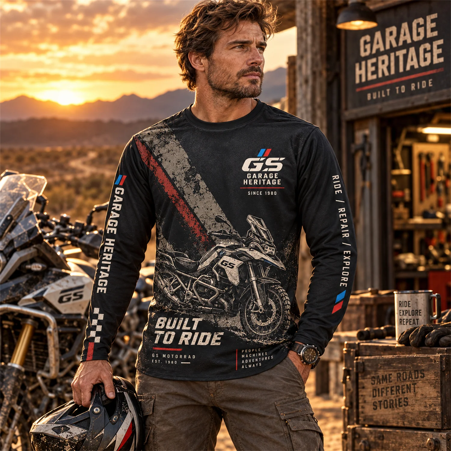 GS Motorrad Motorcycle Long Sleeve Shirt Garage Heritage Graphic Print Adventure Riding Jersey Unisex Biker Outdoor Travel Top