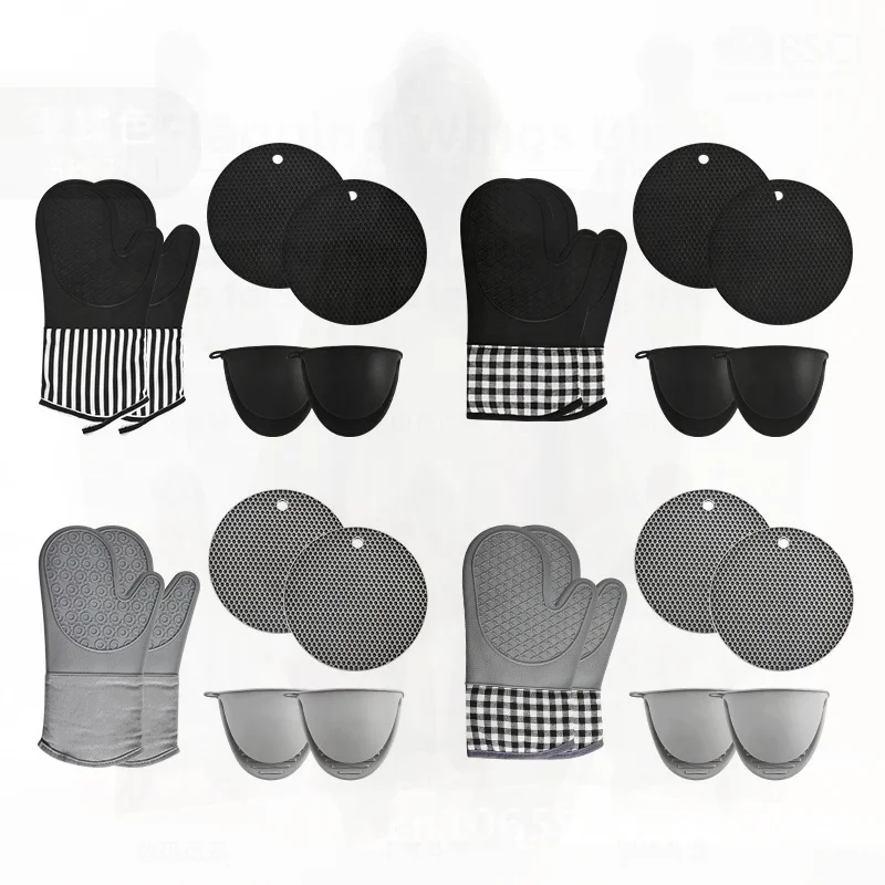 

Thickened Silicone Heat Insulation Gloves Set with Hand Clip And Oven Mitts for Microwave And Baking Gray Plaid 34CM Modern