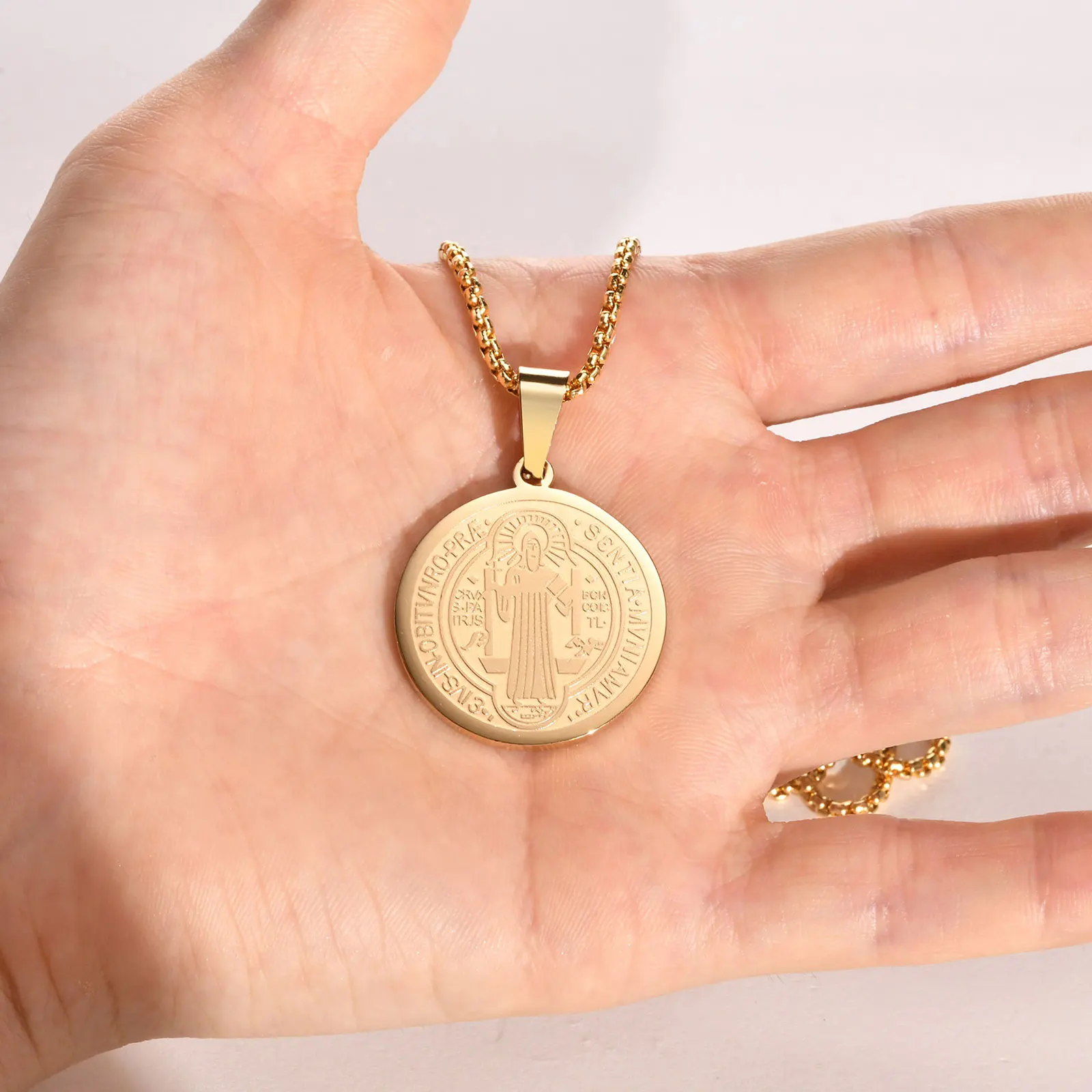 St Benedict Necklace Men, Stainless Steel Saint Religious Jewelry Medal Pendant ,Saint Benedict Amulet Necklace